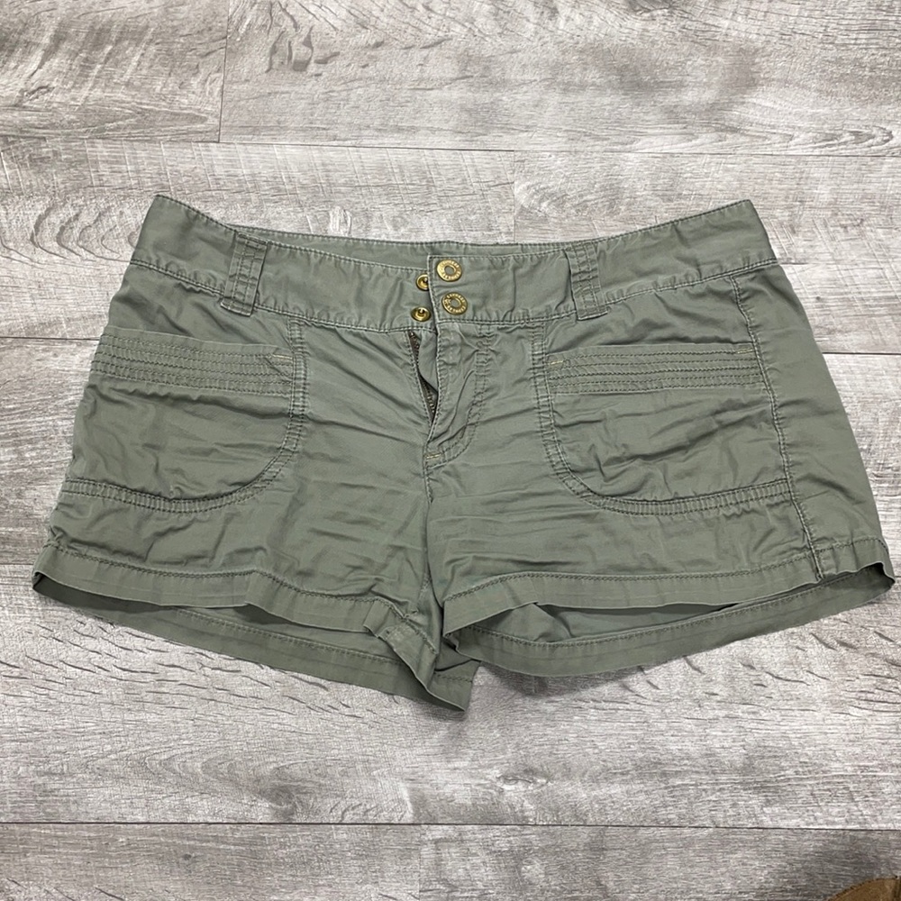 Express green shorts w/ gold buttons & detail